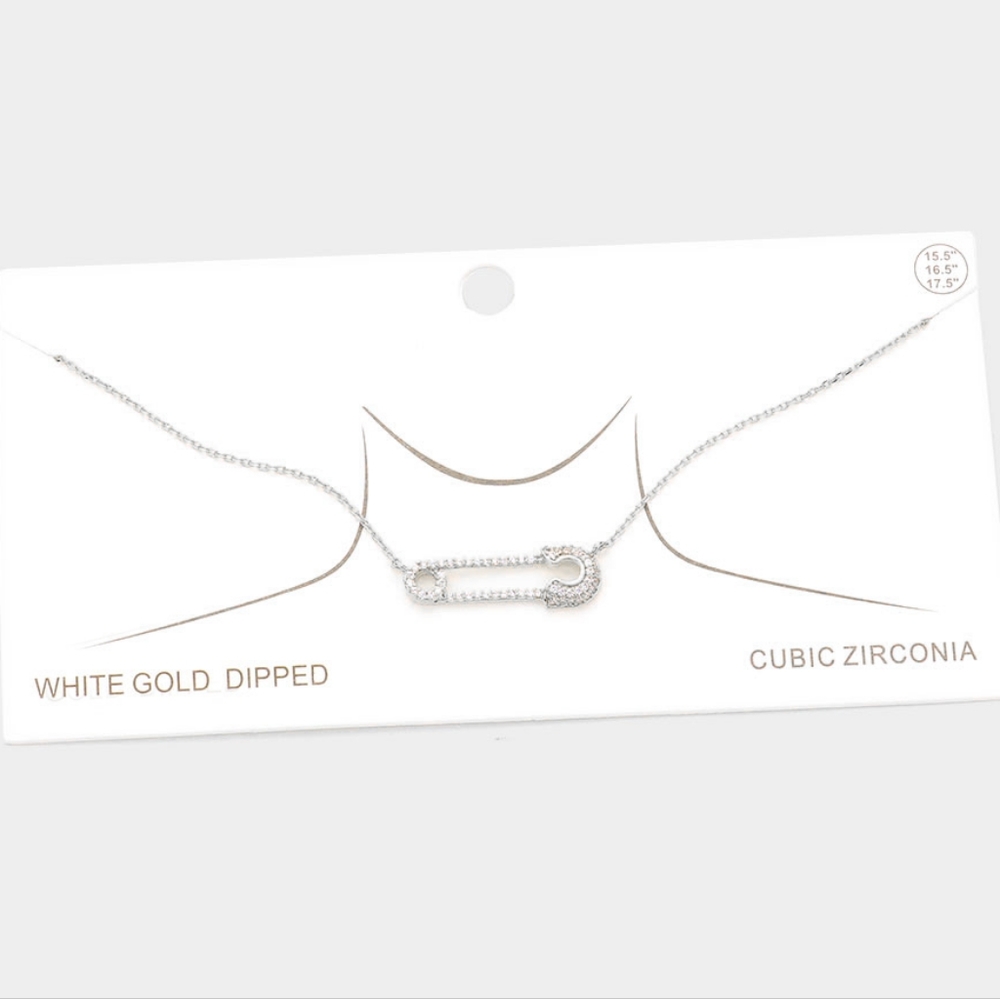 Silver Cubic Zirconia Safety Pin Crystal Necklace CZ Pendant Chain